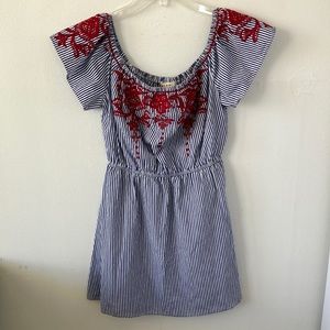Miami Blue & White Stripe Mini‎ Dress W/ Red Embroidery On/Off Shoulder SzS- EUC